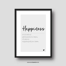 Load image into Gallery viewer, Happiness is not about getting all you want, it’s about enjoying all you have. A4 Black and White Prints
